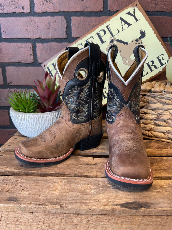 Dan Post Children/Youth Aged Bark Brown Leather & Black Top Rascal Western Cowboy Boot DPC2940 DPC3940-Painted Cowgirl Western Store