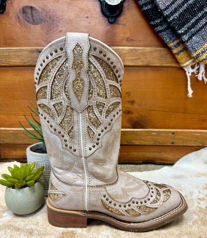 Laredo Women's Bone White Eternity Gold Sparkle Underlay Square Toe Cowgirl Boots 5867-Painted Cowgirl Western Store