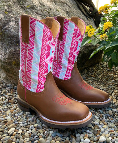 Roper Children’s and Youth Brown & Pink Aztec Printed Top Western Cowgirl Boots 9991-0124-Painted Cowgirl Western Store