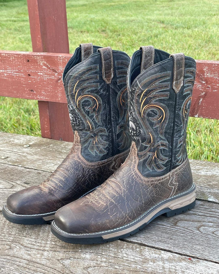 Laredo Hawke Men's Brown Leather & Black Top Steel Toe Square Toe Work Boot 6920-Painted Cowgirl Western Store