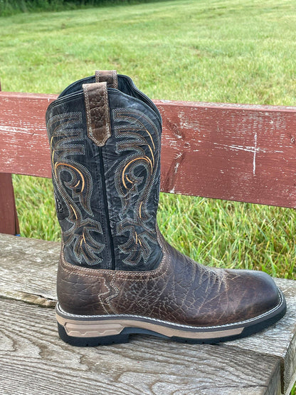 Laredo Hawke Men's Brown Leather & Black Top Steel Toe Square Toe Work Boot 6920-Painted Cowgirl Western Store