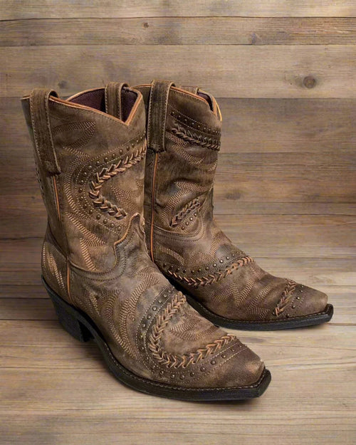 Laredo Women's Brown Fancy Shortie Ankle Snip Toe Cowgirl Boots 52402