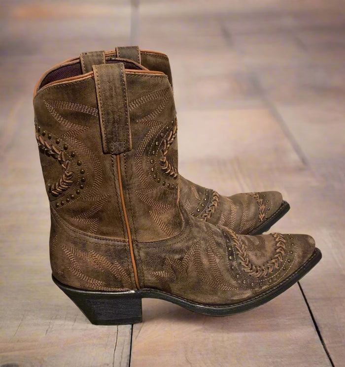 Laredo Women's Brown Fancy Shortie Ankle Snip Toe Cowgirl Boots 52402