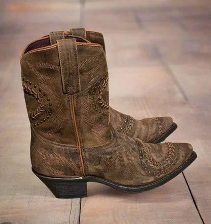 Laredo Women's Brown Fancy Shortie Ankle Snip Toe Cowgirl Boots 52402