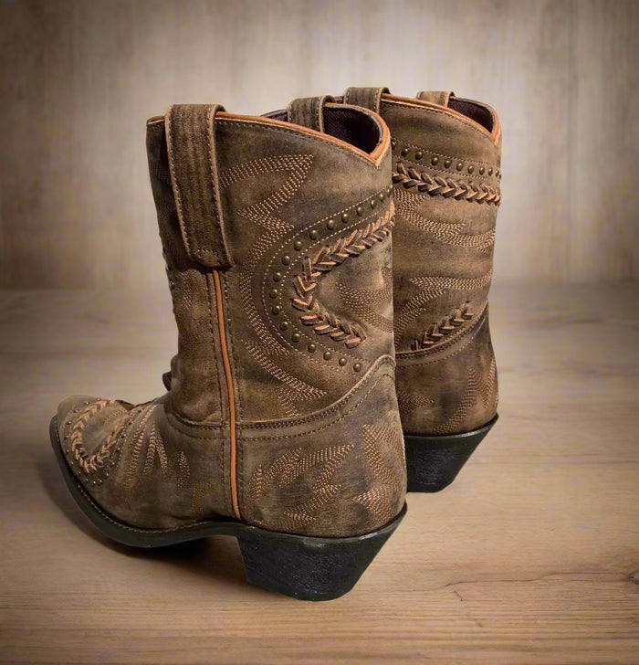 Laredo Women's Brown Fancy Shortie Ankle Snip Toe Cowgirl Boots 52402