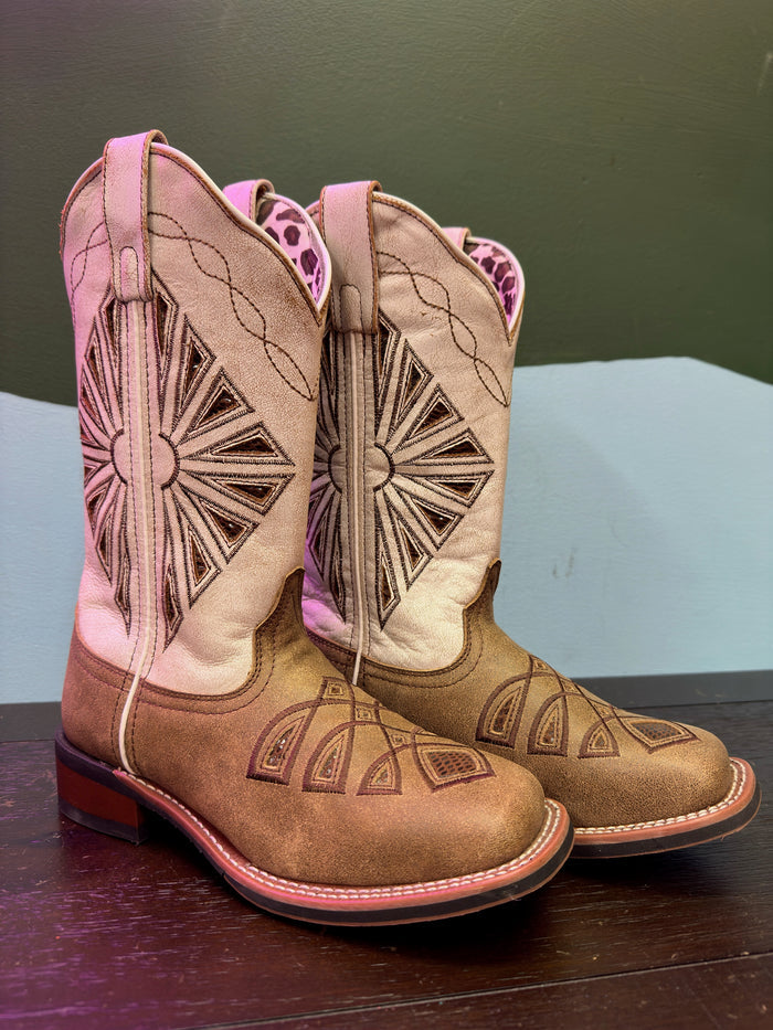 Laredo Women's Kite Days Distressed Brown & Bone White Embroidered Square Toe Cowgirl Boots 5821-Painted Cowgirl Western Store