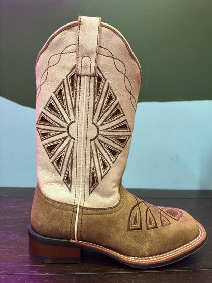 Laredo Women's Kite Days Distressed Brown & Bone White Embroidered Square Toe Cowgirl Boots 5821-Painted Cowgirl Western Store