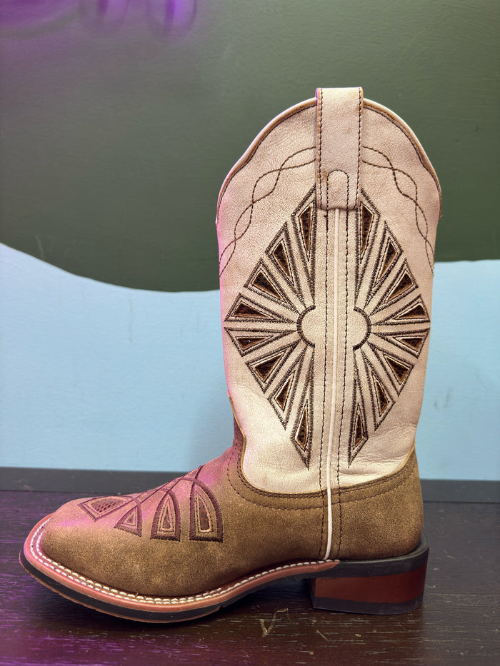 Laredo Women's Kite Days Distressed Brown & Bone White Embroidered Square Toe Cowgirl Boots 5821-Painted Cowgirl Western Store
