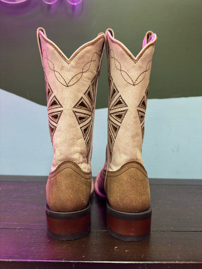 Laredo Women's Kite Days Distressed Brown & Bone White Embroidered Square Toe Cowgirl Boots 5821-Painted Cowgirl Western Store