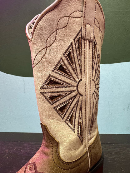 Laredo Women's Kite Days Distressed Brown & Bone White Embroidered Square Toe Cowgirl Boots 5821-Painted Cowgirl Western Store