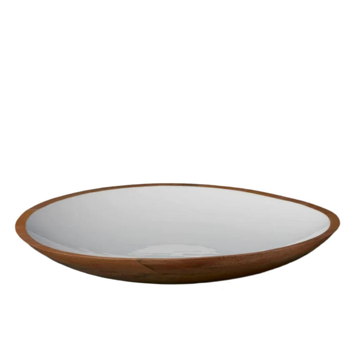MANGO WOOD ROUND SHALLOW BOWL WITH WHITE ENAMEL LINING