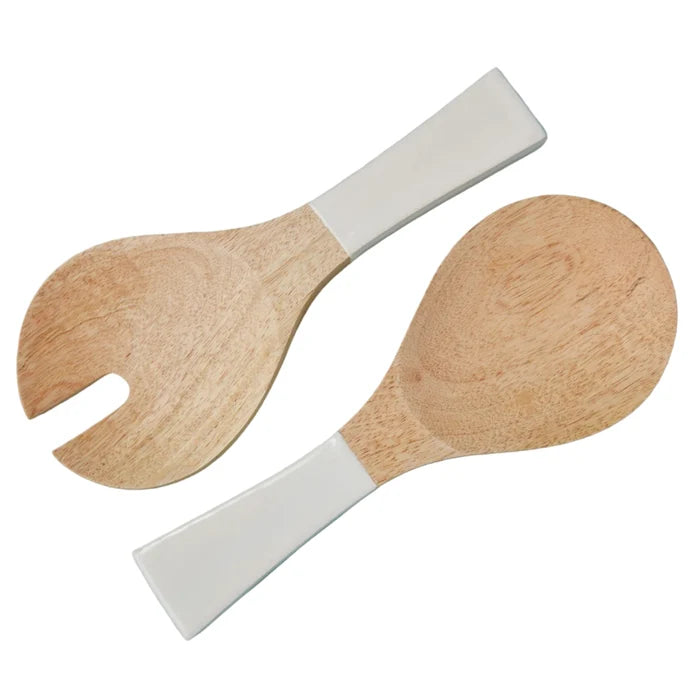 MANGO WOOD SHORT SERVING SET WITH WHITE ENAMEL HANDLES
