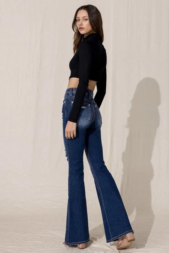 Miss Me Women's High Rise Distressed Flare Jeans H3636F60-Painted Cowgirl Western Store
