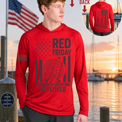 Nautical Salute RED Friday red A4 Cooling Performance Long Sleeve Hooded Tee mockup showing front back placement on marina sunset background
