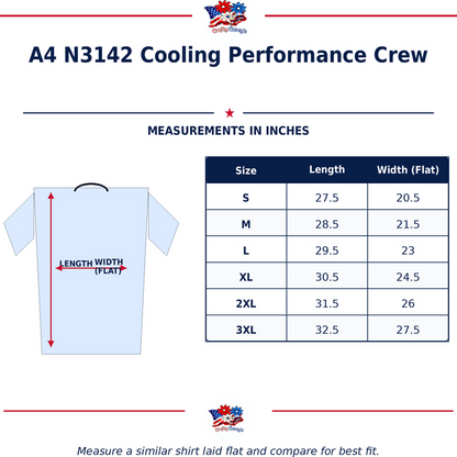 Size chart for Nautical Salute Tired Vet Green A4 Cooling Performance Short Sleeve Tee