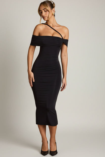 Off-Shoulder Draped Midaxi Dress in Black