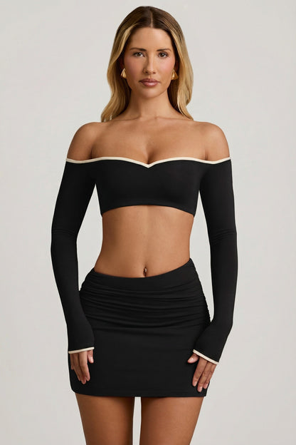 Modal Contrast-Trim Crop Top in Black