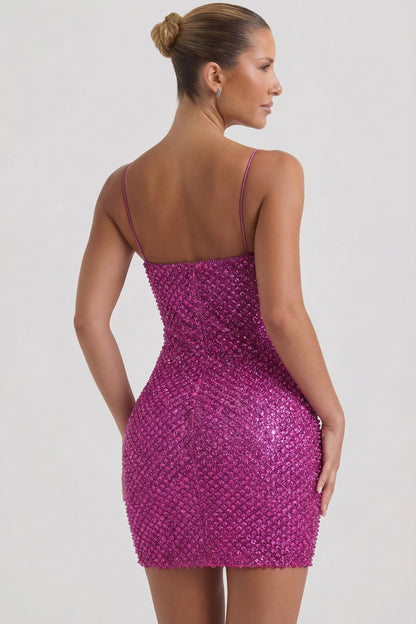 Embellished Sweetheart-Neck Mini Dress in Magenta