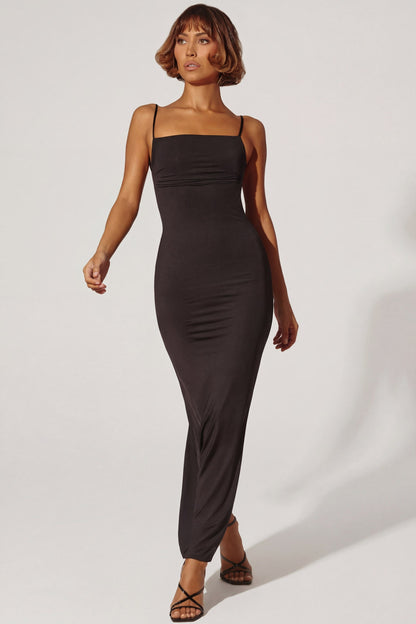 Ruched Bodycon Maxi Dress in Black
