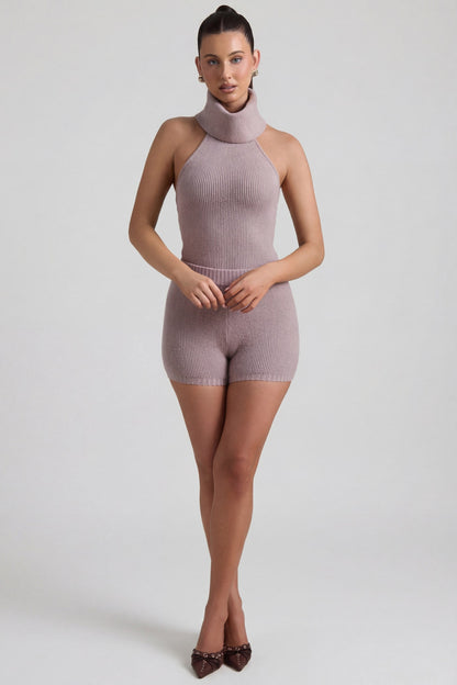 Ribbed-Knit Turtleneck Backless Top in Taupe
