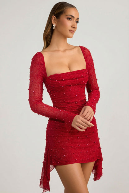 Embellished Cowl-Neck Draped Mini Dress in True Red
