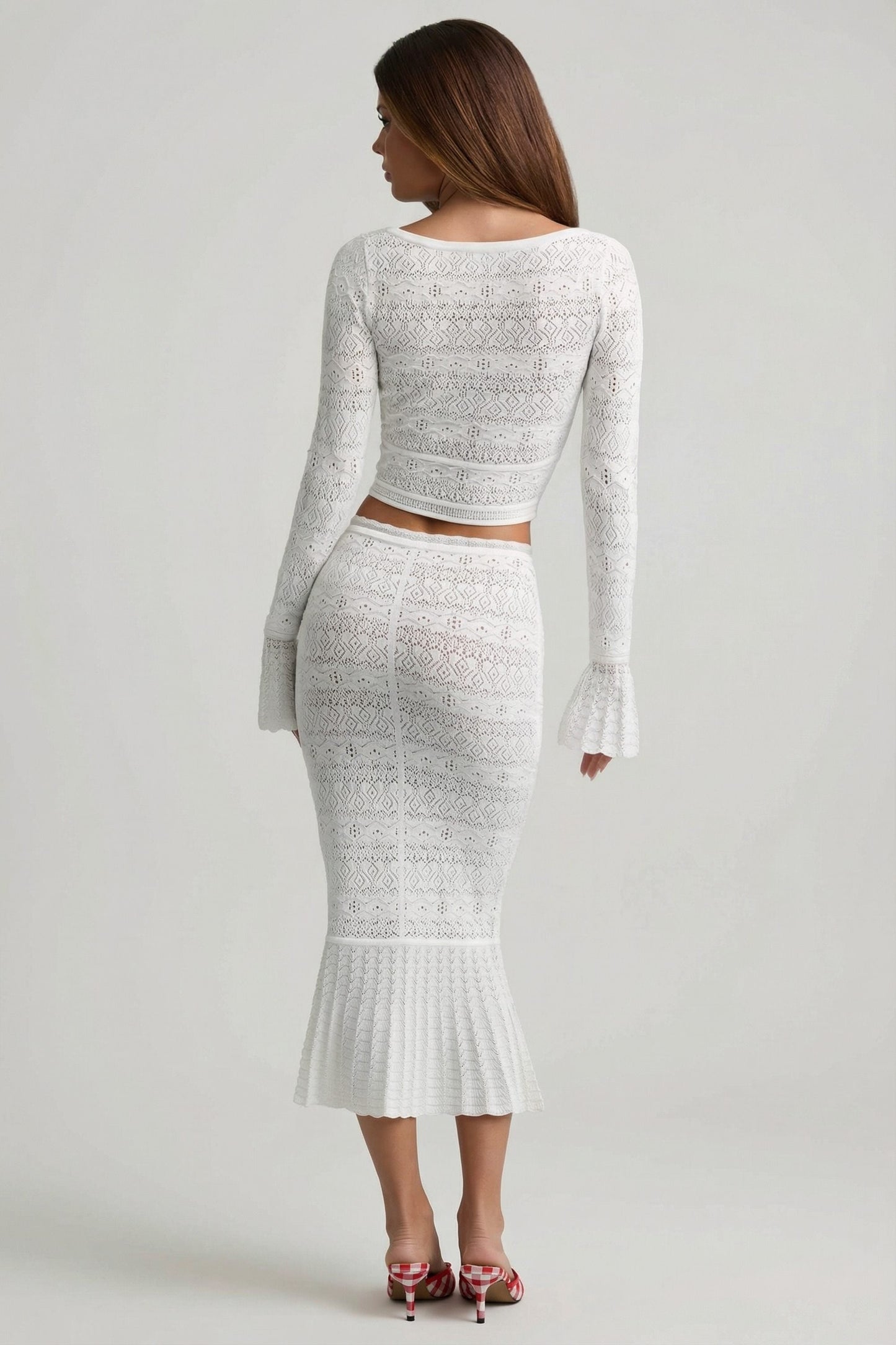 Ruffle-Trim Pointelle-Knit Midaxi Skirt in White