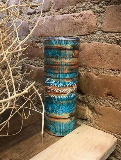 Painted Cowgirl Logo Serape Tooled 20oz. Skinny Tumblr STSTPC-Painted Cowgirl Western Store