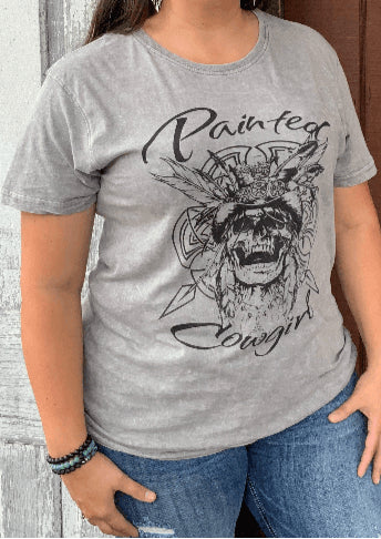 Painted Cowgirl Native Skull Distressed Ash Grey Logo Tee Shirt T-Shirt PCNST-1