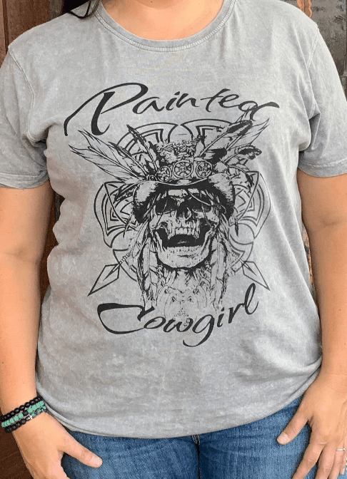Painted Cowgirl Native Skull Distressed Ash Grey Logo Tee Shirt T-Shirt PCNST-1