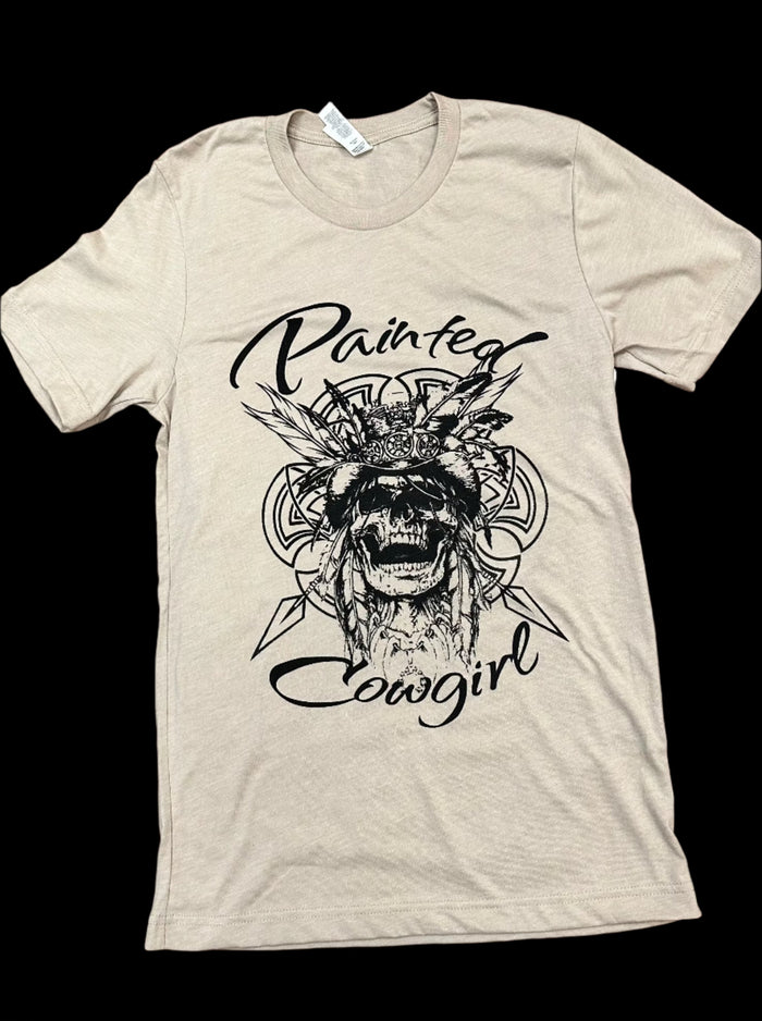 Painted Cowgirl Native Skull Logo Tan Tee Shirt T-Shirt PCNST