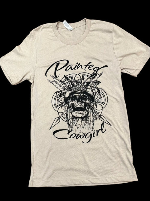 Painted Cowgirl Native Skull Logo Tan Tee Shirt T-Shirt PCNST
