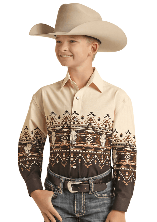 Panhandle Boy's Aztec Border Natural Snap Long Sleeve Western Shirt PHBSOSRZ1U