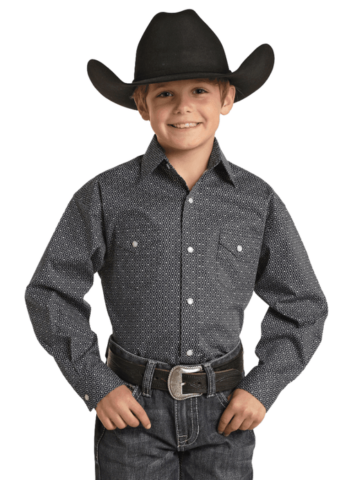 Panhandle Rough Stock Boy's Blue Geo Print Snap Up Western Shirt RSBSOSR0ED