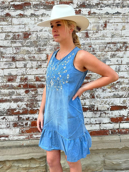 Panhandle Women's Jean Blue Sleeveless Ruffle Denim Dress WLWRD0R1CY-Painted Cowgirl Western Store