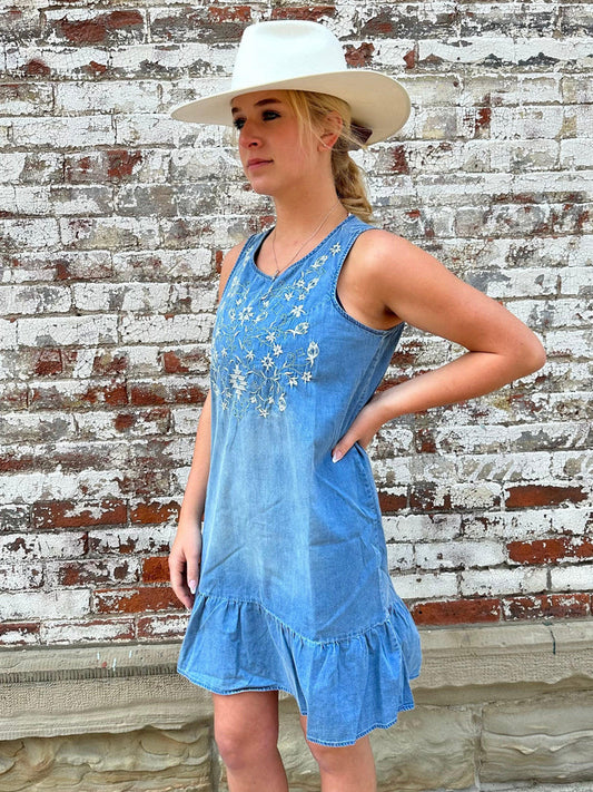 Panhandle Women's Jean Blue Sleeveless Ruffle Denim Dress WLWRD0R1CY-Painted Cowgirl Western Store