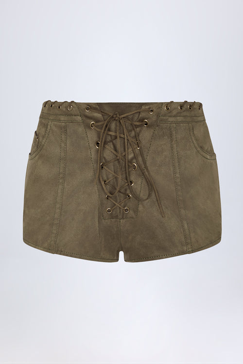Lace-Up Mid-Rise Shorts in Dark Khaki