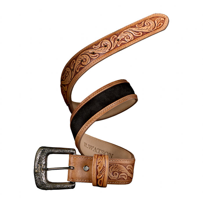 R. Watson Men's Black Suede with Natural Tanned Billets Western Belt RWB2317-Painted Cowgirl Western Store