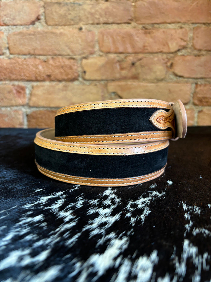 R. Watson Men's Black Suede with Natural Tanned Billets Western Belt RWB2317-Painted Cowgirl Western Store