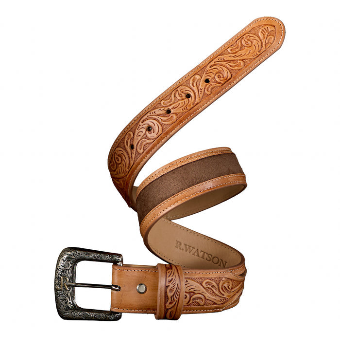 R. Watson Men's Chocolate Suede with Natural Tanned Billets Western Belt RWB2318-Painted Cowgirl Western Store
