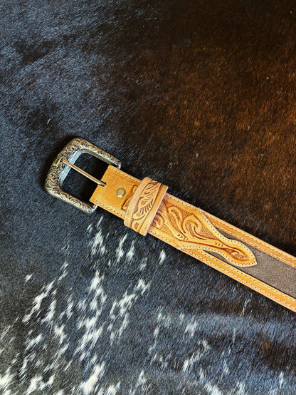 R. Watson Men's Chocolate Suede with Natural Tanned Billets Western Belt RWB2318-Painted Cowgirl Western Store