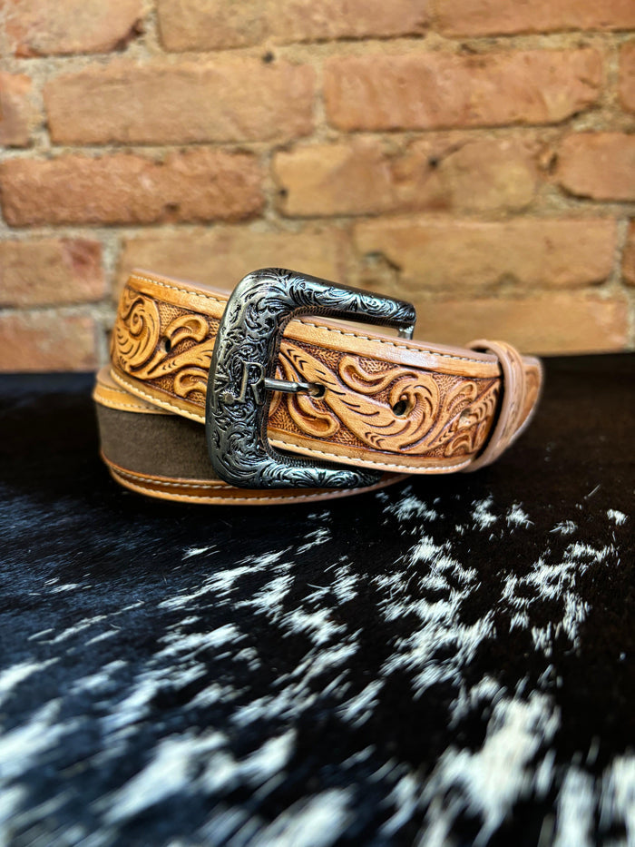 R. Watson Men's Chocolate Suede with Natural Tanned Billets Western Belt RWB2318-Painted Cowgirl Western Store