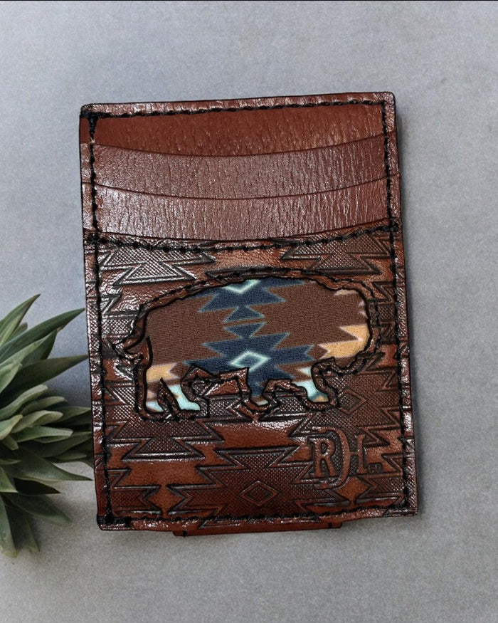 Red Dirt Hat Co. Turquoise & Brown Aztec Buffalo Inlay Leather Money Clip Card Case 22228875M6-Painted Cowgirl Western Store