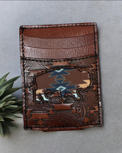 Red Dirt Hat Co. Turquoise & Brown Aztec Buffalo Inlay Leather Money Clip Card Case 22228875M6-Painted Cowgirl Western Store