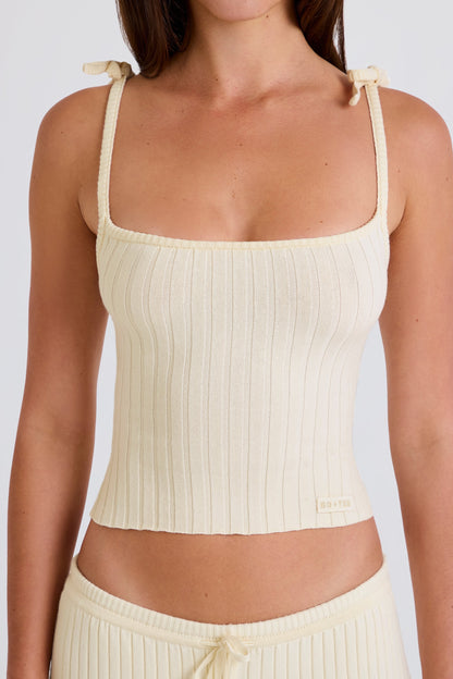 Ribbed Knit Tie Tank Top in Cream