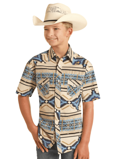 Rock & Roll Cowboy Boys Blue Aztec Snap Up Short Sleeve Western Shirt RRBS1SR0QZ