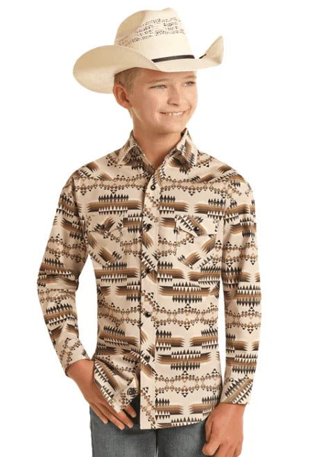 Rock & Roll Cowboy Boys Brown Multi Aztec Print Woven Snap Up Long Sleeve Western Shirt RRBS0SR0RG-Painted Cowgirl Western Store