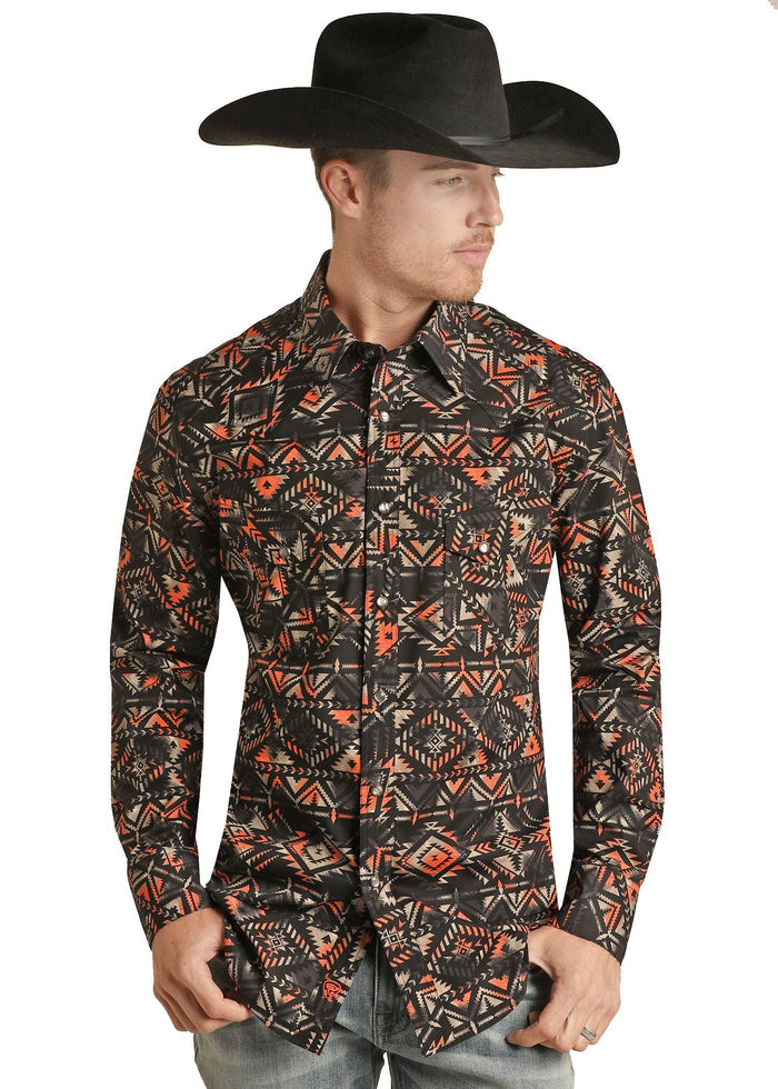 Rock & Roll Cowboy Men's Black & Orange Aztec Print Pearl Snap Western Shirt RRMSOSR08S-Painted Cowgirl Western Store