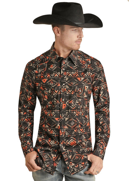 Rock & Roll Cowboy Men's Black & Orange Aztec Print Pearl Snap Western Shirt RRMSOSR08S-Painted Cowgirl Western Store