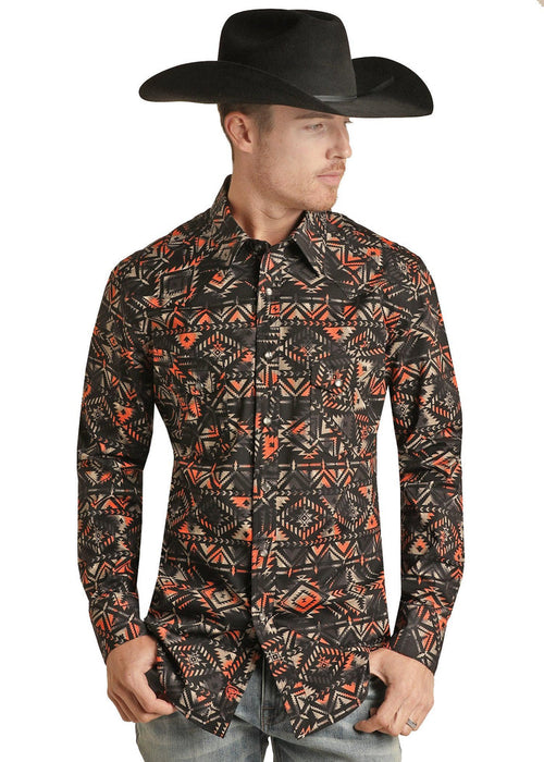Rock & Roll Cowboy Men's Black & Orange Aztec Print Pearl Snap Western Shirt RRMSOSR08S-Painted Cowgirl Western Store