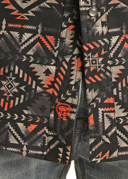 Rock & Roll Cowboy Men's Black & Orange Aztec Print Pearl Snap Western Shirt RRMSOSR08S-Painted Cowgirl Western Store